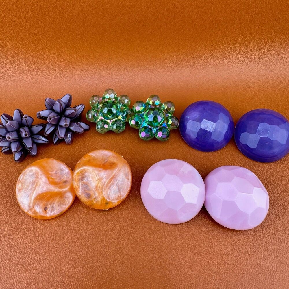 Vintage Clip Earrings Lot Lucite Acrylic Germany Austria AB Green Pink Purple